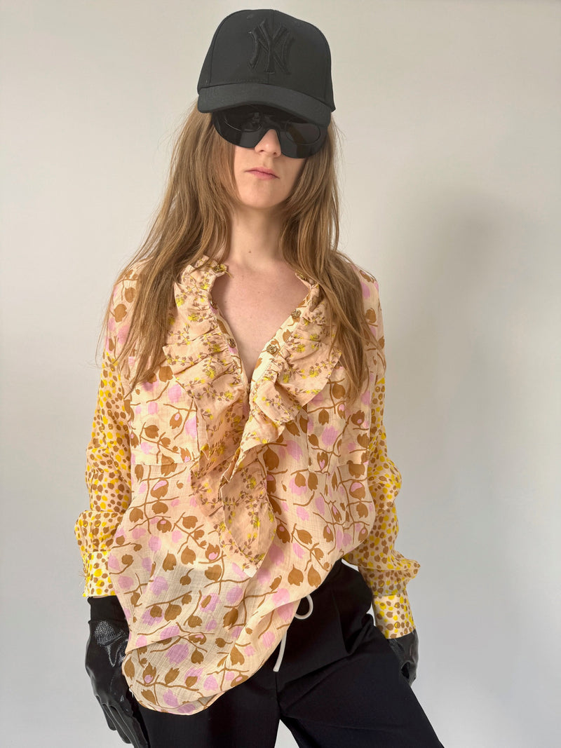 Frill Shirt - Tiny ivy print in light linen